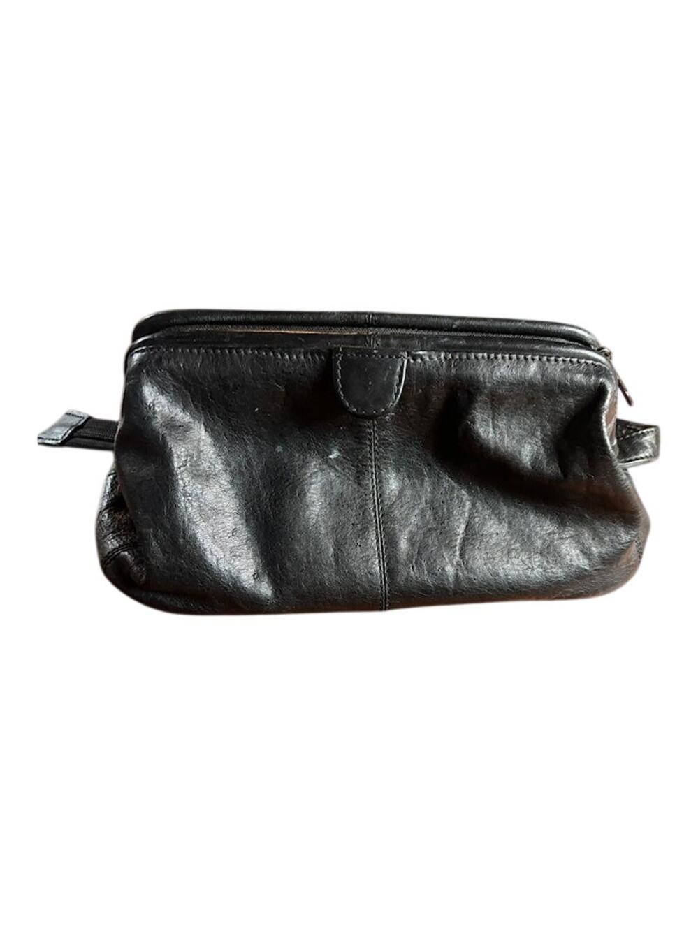 Vintage Black Leather Dopp Kit Travel Toiletry Bag Shaving Case Unbranded